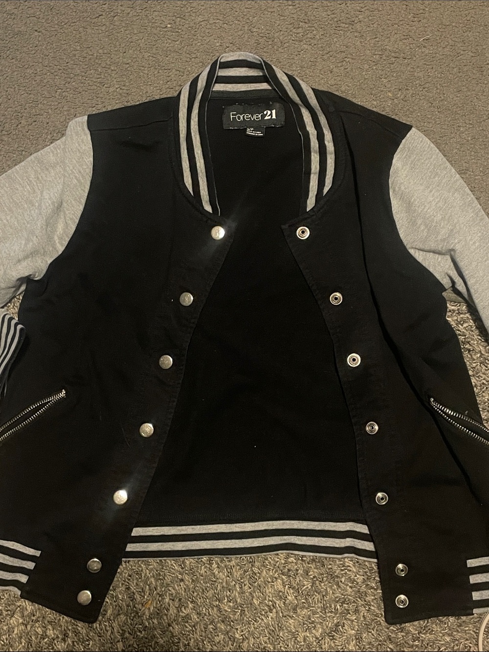 Forever 21 Black and Gray Striped Collar Varsity Jacket